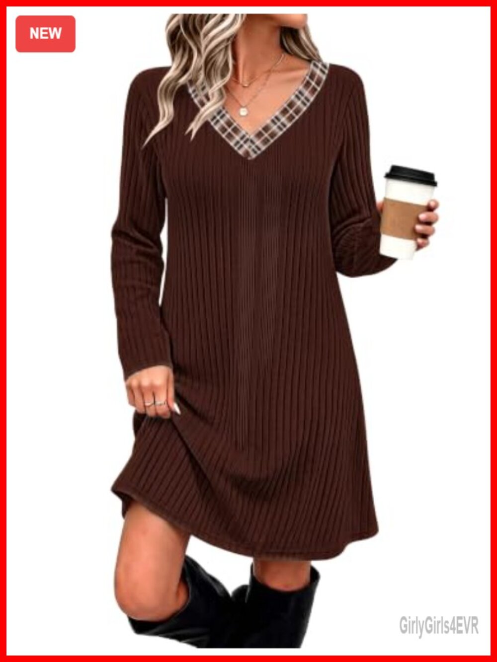 OFEEFAN Women's Color Block V Neck Long Sleeve Sweater Dress